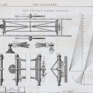 May include: A black and white diagram of a Berdan Range Finder, a device used to measure the distance to a target. The diagram includes a plan view, a vertical section, and an elevation view. The diagram also includes a table of values for different distances and angles.