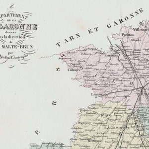1800er Französische Antike Karte von Haute Garonne, Frankreich - Einschub von Toulouse - Handkoloriert - Vintage Handkolorierte Haute Garonne Karte