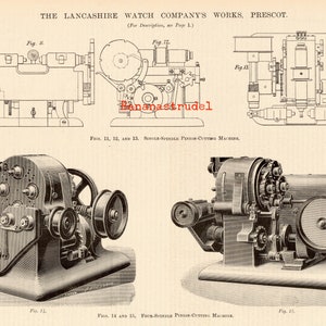 May include: A black and white illustration of two industrial machines. The top image shows a single-spindle pinion-cutting machine. The bottom image shows a four-spindle pinion-cutting machine. The text in the image reads: "The Lancashire Watch Company's Works, Prescot. Fig. 11, 12, and 13. Single-Spindle Pinion-Cutting Machine. Fig. 14 and 15. Four-Spindle Pinion-Cutting Machine."