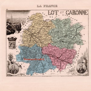 Antike Karte von Lot-et-Garonne, Frankreich - Handkoloriert - 1883 Illustrierte Karte - Agen - Home Decor
