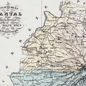 Ancienne carte des années 1800 du Cantal, France - avec encart d'Aurillac - coloriée à la main - Français carte vintage