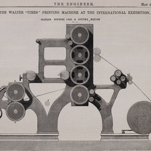 May include: A black and white illustration of a Walter "Times" printing machine. The machine is shown in a cross-section, with the feed and cutting motion visible. The illustration is from "The Engineer" magazine, dated May 24, 1872.