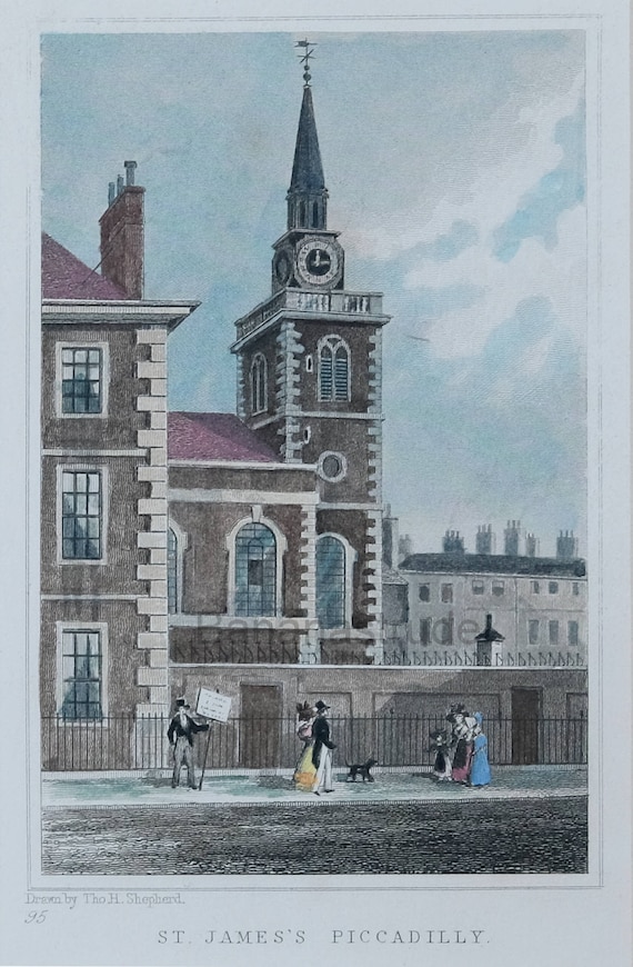 1829 St. James's Church, Piccadilly London Handcoloured Victorian