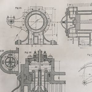 1878 Large Antique Blueprint of Geared Pumping Engine - 2-panel Technical Drawing