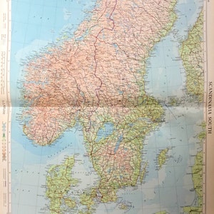 Carte vintage de la Scandinavie - Sud - 1958 Grande carte du Sud de la Scandinavie - Norvège - Suède - Danemark - Finlande