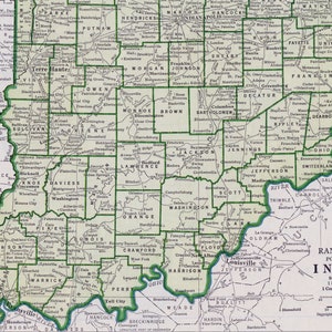 1940s Vintage Map of Indiana - Blue and Emerald Green Map