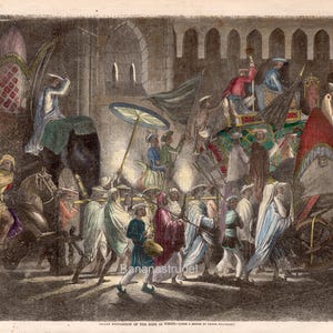 Antique Print - Night Scene with The King of Delhi - 1857 engraving - State Procession - India - Hand Coloured