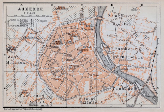 フランスアンティーク　MAP Antique Map of Nevers, France - 1905 Vintage City Map - Old
