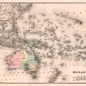 Ancienne carte de 1880 coloriée à la main de l'Océanie - Îles du Pacifique - Australie - Micronésie - Polynésie - Nouvelle-Zélande - Océanie
