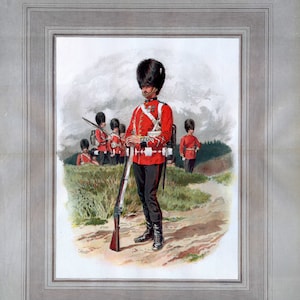 May include: An illustration of the Third Battalion Grenadier Guards. A soldier in a red jacket, black pants, and a tall black hat stands with a rifle. Other soldiers in similar uniforms are in the background. The image is framed with a gray border.