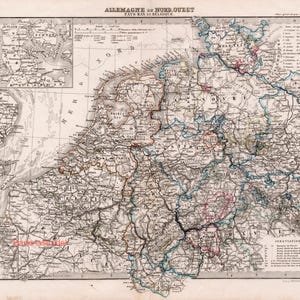 Ancienne carte du nord-ouest de l'Allemagne - Hanovre - Westphalie - Province du Rhin - Hesse - Schleswig-Holstein - Carte de France coloriée à la main