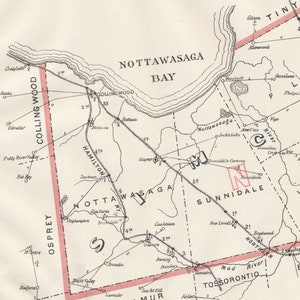 May include: A black and white map of a region in Ontario, Canada. The map shows the locations of towns and cities, including Collingwood, Hamilton, Nottawasaga Bay, and Sunnidale. The map also shows the locations of rivers and lakes.