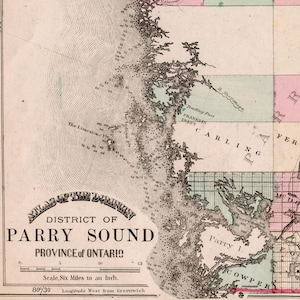 Ancienne carte de Parry Sound, Ontario, Canada - Publiée en 1875 - Coloriée à la main
