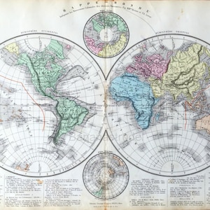 1884 アンティーク半球世界地図 - アンティーク半球地図 - 旧世界地図 - 手彩色 - フランス地図手彩色