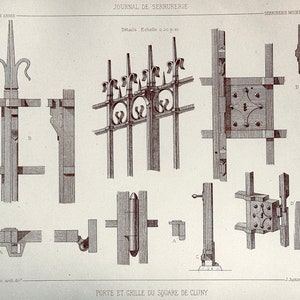 Gate and Grill at Square de Cluny, Paris - 1880 French Antique Engraving of Decorative and Architectural Metalwork - Plate 40