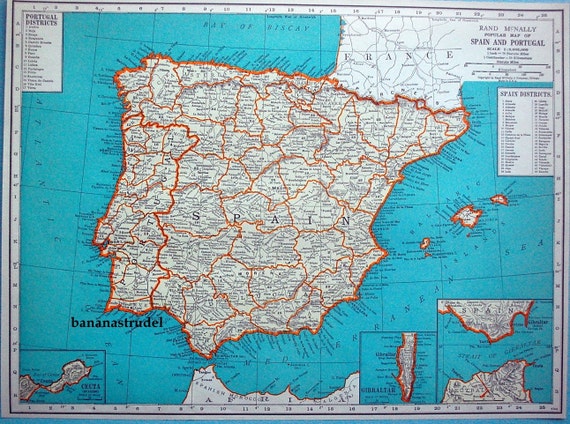 1937 Vintage Map Of Spain And Portugal Spain Portugal Vintage Map