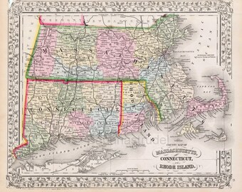 May include: A vintage map of Massachusetts, Connecticut, and Rhode Island. The map is color-coded by county and shows major cities, towns, and roads. The map is surrounded by a decorative border.