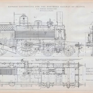 Op de afbeelding: Een gedetailleerde zwart-wit technische tekening van een express locomotief voor de Noordelijke Spoorweg van Frankrijk. De tekening toont de locomotief in zijaanzicht en vooraanzicht, met labels voor de verschillende onderdelen en afmetingen.
