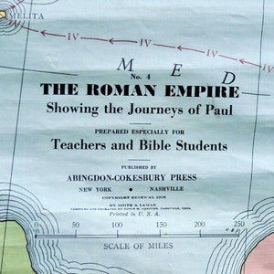 Vintage Linen Wall Map of the Journeys of Saint Paul - 1938 School Map - Ready to Hang - Roman Empire Map