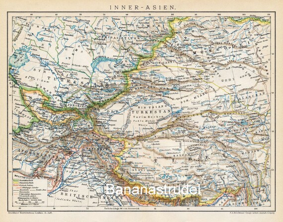 1894 German Antique Map Of Mongolia Turkestan And Tibet Etsy