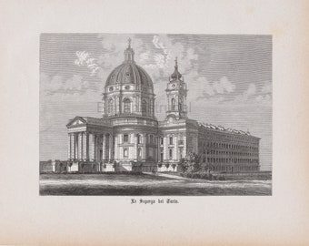 Antique Engraving of the Basilica of Superga, Turin - Published 1876