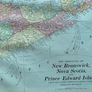 Grande carte ancienne des Maritimes - Carte des provinces maritimes de 1906 - Nouveau-Brunswick - Île-du-Prince-Édouard - Nouvelle-Écosse - Île du Cap-Breton