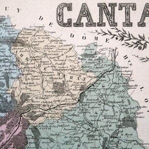 1883 Antike Karte von Cantal, Frankreich - Aurillac - Vintage illustrierte Karte - handkoloriert - handkoloriertes Wohndekor