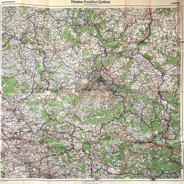 1957 Wall Map of Potsdam, Frankfurt/Oder, Cottbus (Brandenburg), East Berlin /  Ostalgie  East Germany DDR