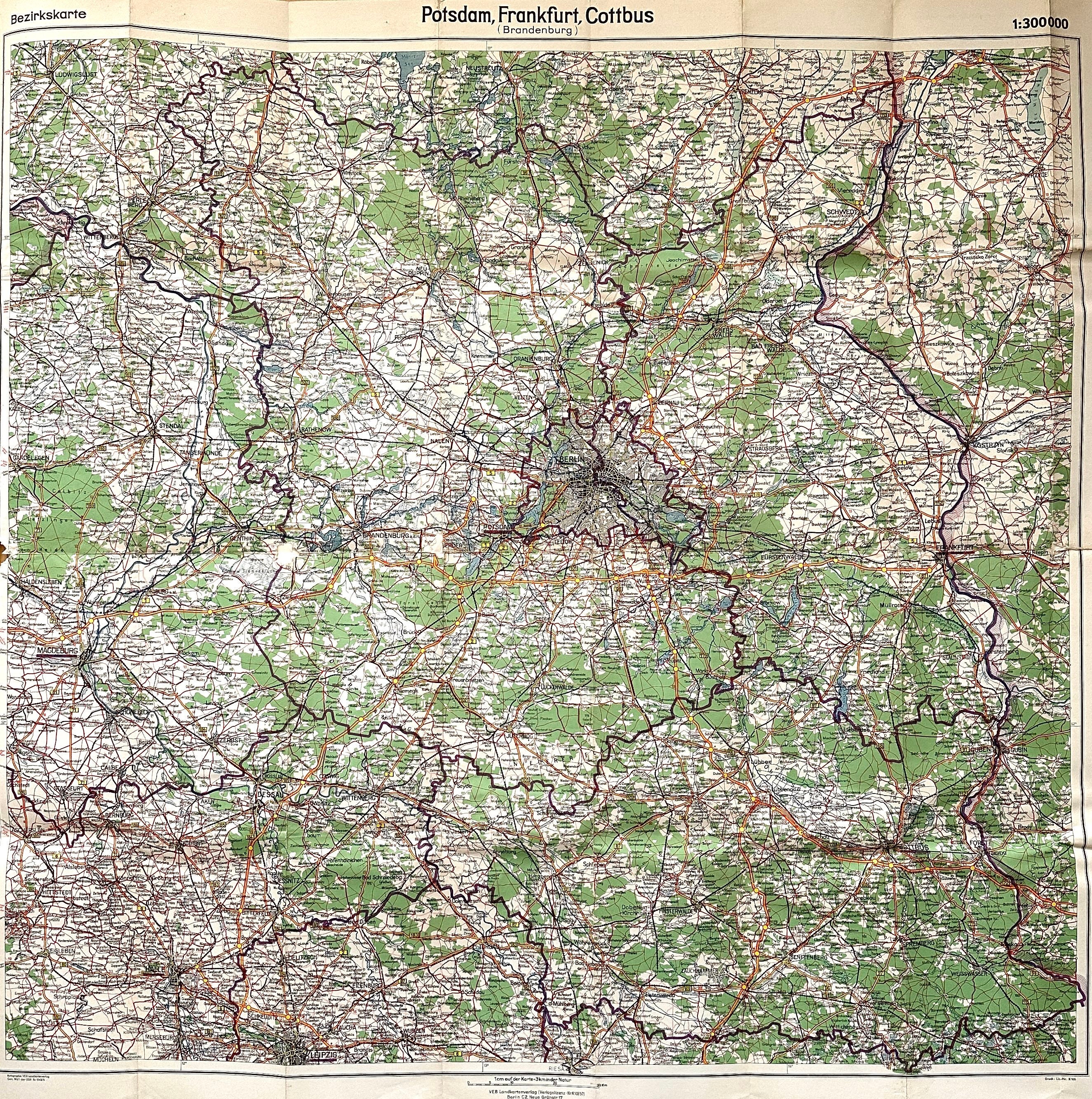 1957 Wall Map of Potsdam, Frankfurt/oder, Cottbus (brandenburg