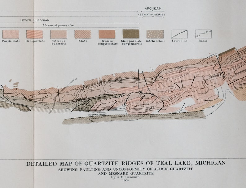 1909 Antique Geologic Map of Teal Lake, Michigan, Quarzite Ridges - Etsy