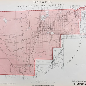 May include: A pink map of the Timiskaming electoral district in Ontario, Canada. The map shows the boundaries of the district, as well as the major rivers and lakes. The map is titled "Electoral District of Timiskaming" and includes the text "Population-Census of 1911, 37,716".