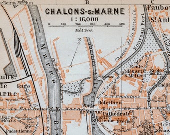 Antique Map of Châlons sur Marne, France - Châlons-en-Champagne- 1905 Vintage City Map - Old City Map