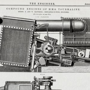 May include: A black and white illustration of a side elevation and plan view of a compound engine. The illustration is titled "Compound Engines of H.M.S. Tourmaline." The text "Messrs. R. and W. Hawthorn, Newcastle on Tyne, Engineers" is also included in the illustration.