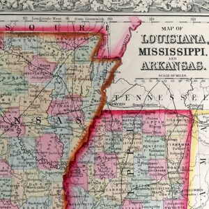 Antike Karte von Louisiana, Mississippi und Arkansas - 1864 handkolorierte Mitchell Karte
