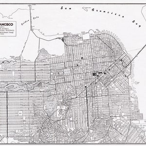 May include: A black and white map of San Francisco, featuring points of interest, parks, and principal buildings. The Golden Gate Bridge is visible, along with the San Francisco Bay. The map includes the text "San Francisco" and "Points of Interest".