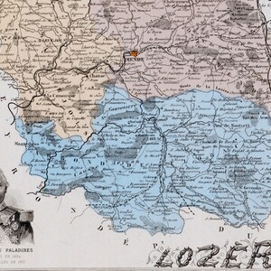 1883 Antike Karte von Lozere, Frankreich - Vintage illustrierte Karte - Mende - handkoloriert - Wohnkultur