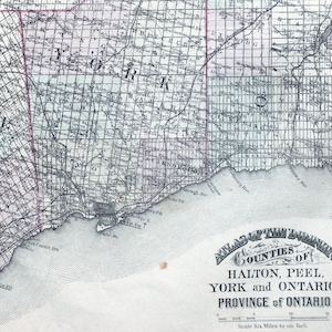 1876 Carte ancienne de Halton, Peel, York et Ontario, Canada - Toronto - rare carte colorée à la main vintage - LDN