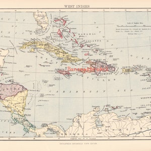 May include: A vintage map of the West Indies, showing the islands of the Caribbean Sea. The map is in shades of blue, green, yellow, and red, with black lines for borders and rivers. The map includes the names of the islands and countries, as well as the scale of miles.