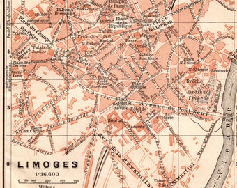 Antique Map of Limoges, France - Small 1907 City Map