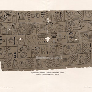 May include: A black and white fragment of a calendar in an ancient script. The calendar is made up of a series of squares with different symbols and figures. The text below the image reads "Fragment eines dreistilligen Kalenders in aztekischem Schrift.  Zch. Droge de Humboldt in Berlin,  P. 1113."