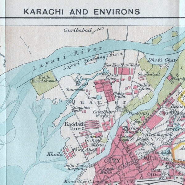 Vintage Map of Karachi and Environs, India - Pakistan - 1924 City Map - Old City Map