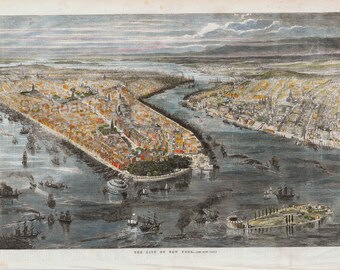 RARE Full Page 1855 Antique New York City Bird's Eye View Map Handcoloured Panoramic Engraving  - Brooklyn Manhattan
