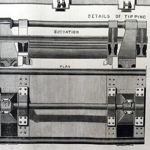 May include: A black and white illustration of a tipping frame, showing the elevation and plan views. The frame is made up of several metal parts, including a long, horizontal beam and a series of vertical supports. The text "DETAILS OF TIPPING FRAME" is visible at the top of the image.