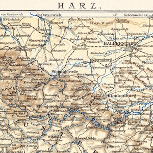 Ancienne carte allemande de 1895 de la chaîne de montagnes du Harz, Allemagne