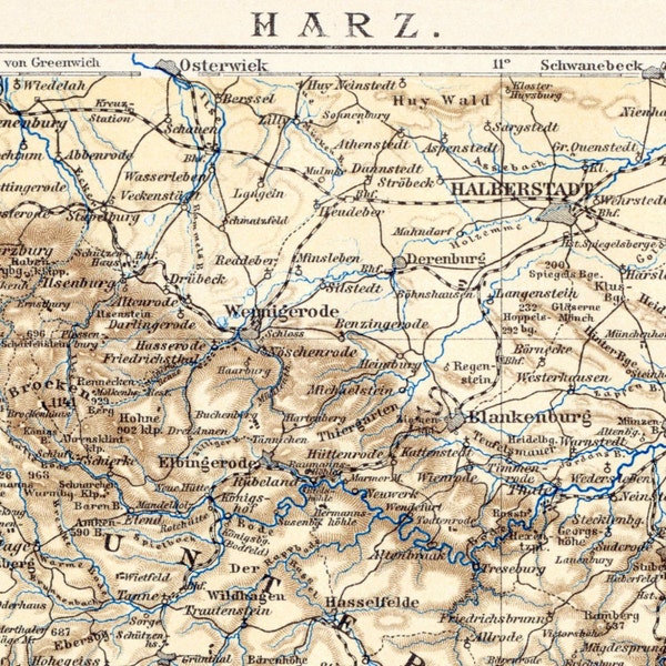 1895 Antique German Map of the Harz Mountain Range, Germany