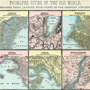 Antike Karte von Venedig, Genf, Konstantinopel - Marseille - 1888 Vintage Stadtplan