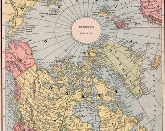 1888 Polar Regions Map - Antique Arctic Exploration Print - North Pole, Canada, Siberia, Greenland - North Pole Art - Unknown Regions
