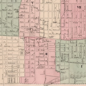 Rare carte ancienne de Hamilton, Ontario, Canada, 1875 - carte vintage des rues de Hamilton coloriée à la main - LDN