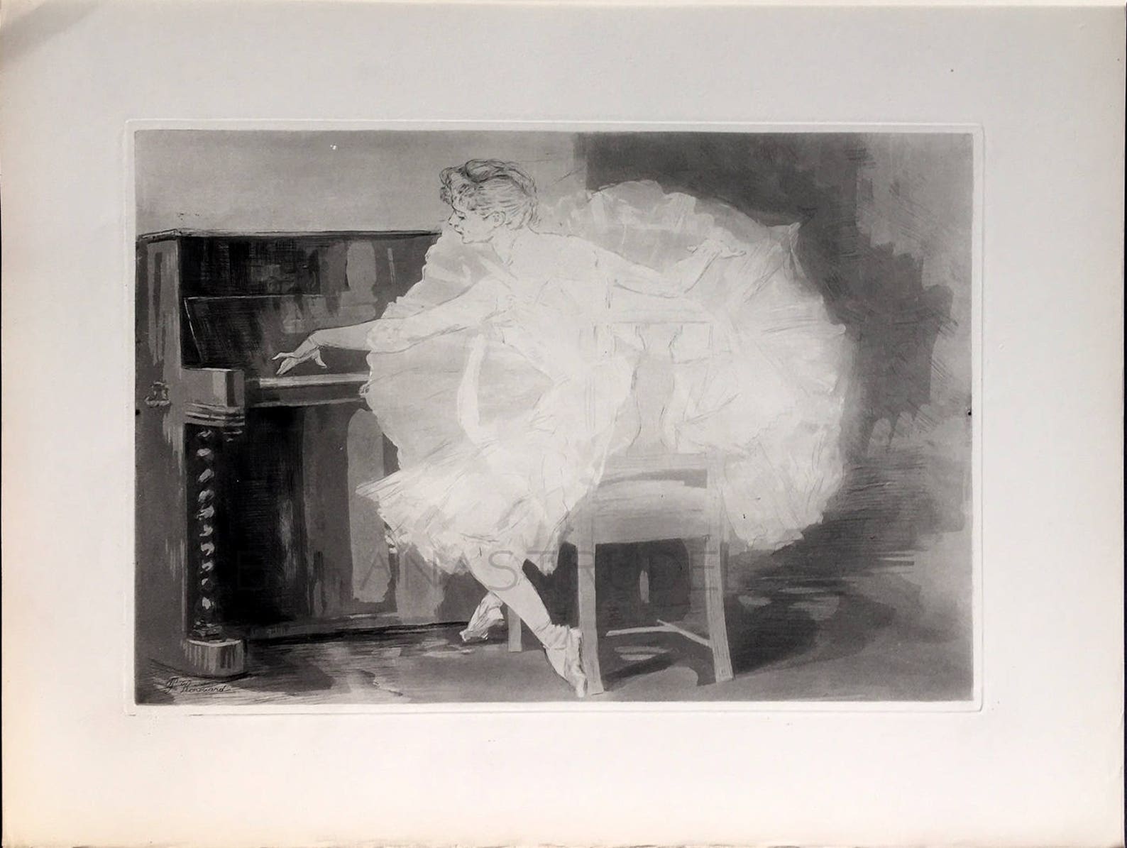 1895 rare antique etching / aquatint – between rehearsals – ballet / paul renouard. signed in the plate.