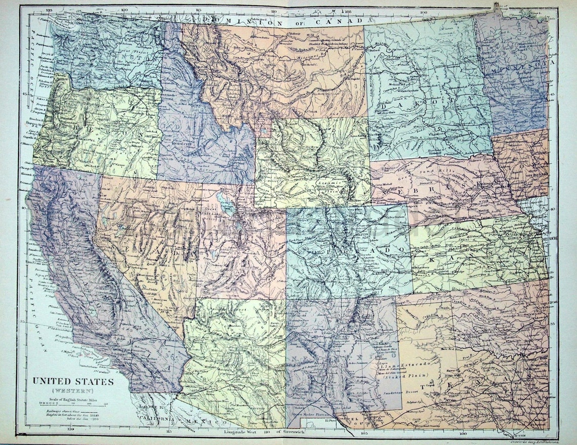 1890s Antique Map of the Western United States - Etsy